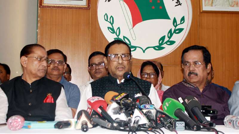 Awami League general secretary Obaidul Quader speaks at a press conference